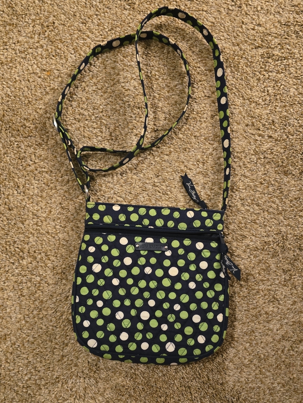 Vera Bradley Navy Crossbody with Lime Green and White Polka Dots